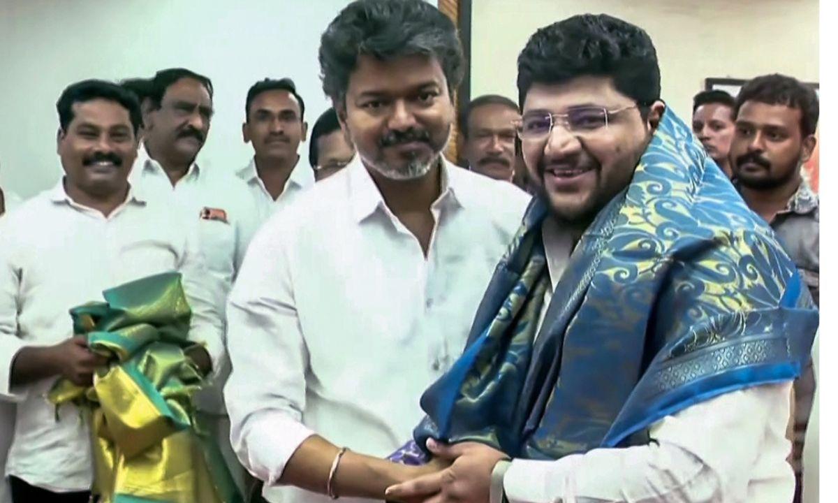 Tamil Nadu Congress leaders meet Tamilaga Vettri Kazhagam (TVK) President Vijay at the TVK Headquarters, in Chennai on Wednesday. (ANI Video Grab)